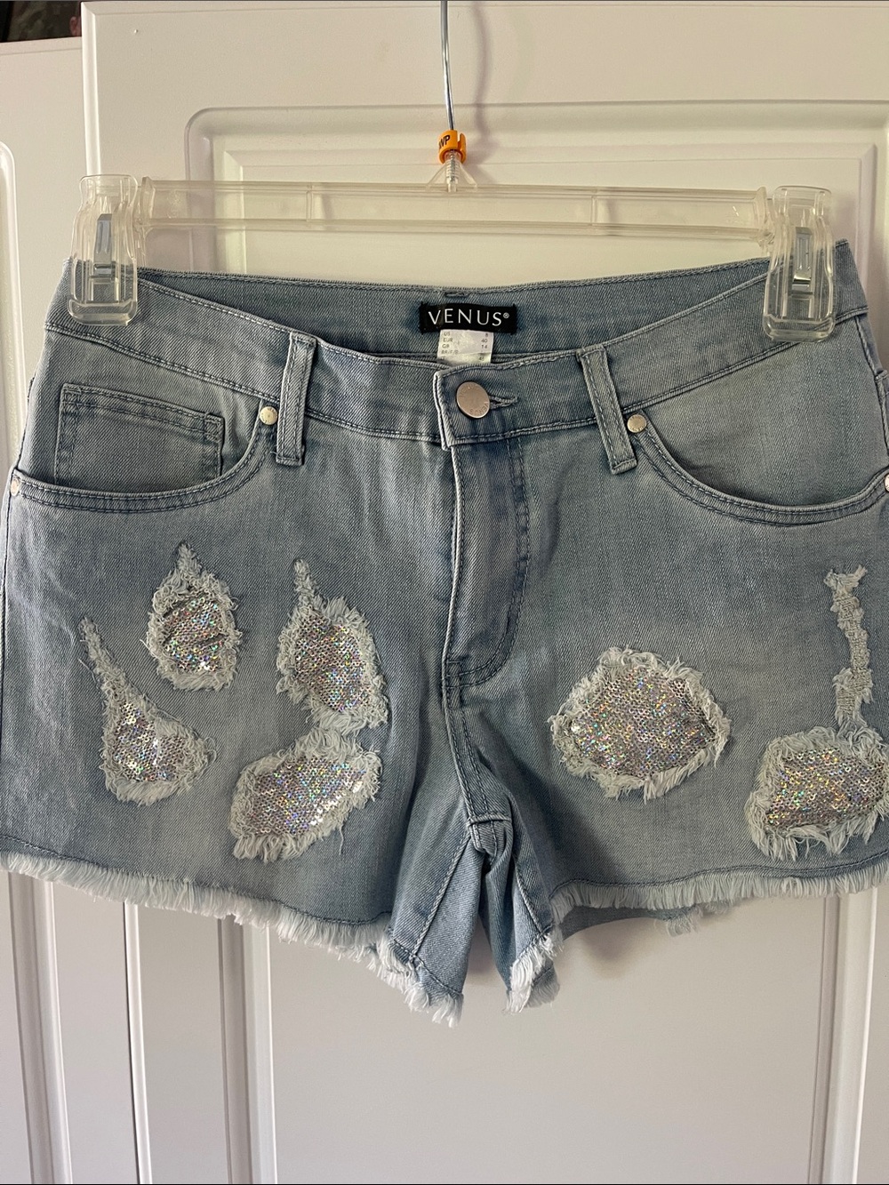 VENUS Light Blue Sequin Distressed Denim Shorts